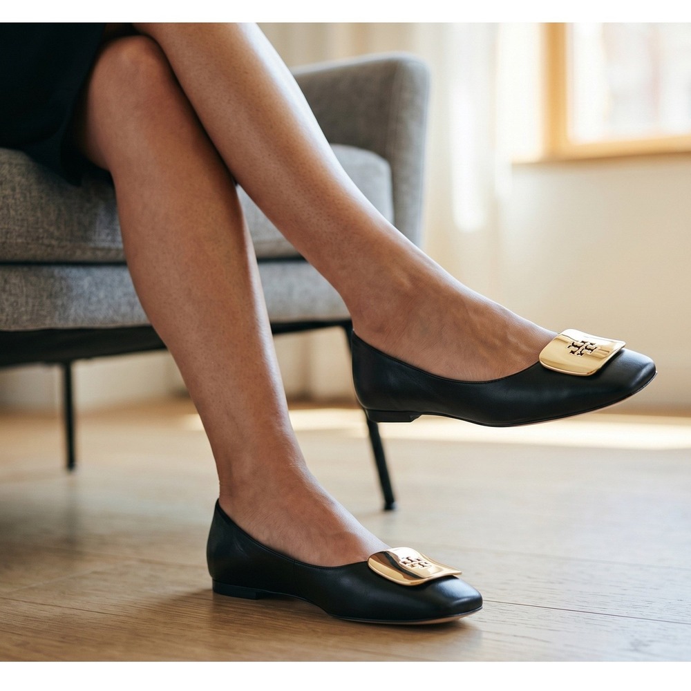Tory Burch Georgia Ballet Flats Black Leather Gold Logo‎ Square Toe 6.5M